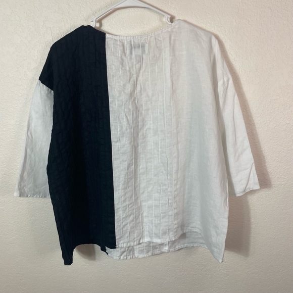 peck&peck Color Block Linen Short Sleeve Blouse size L Black White Boxy - Picture 2 of 7